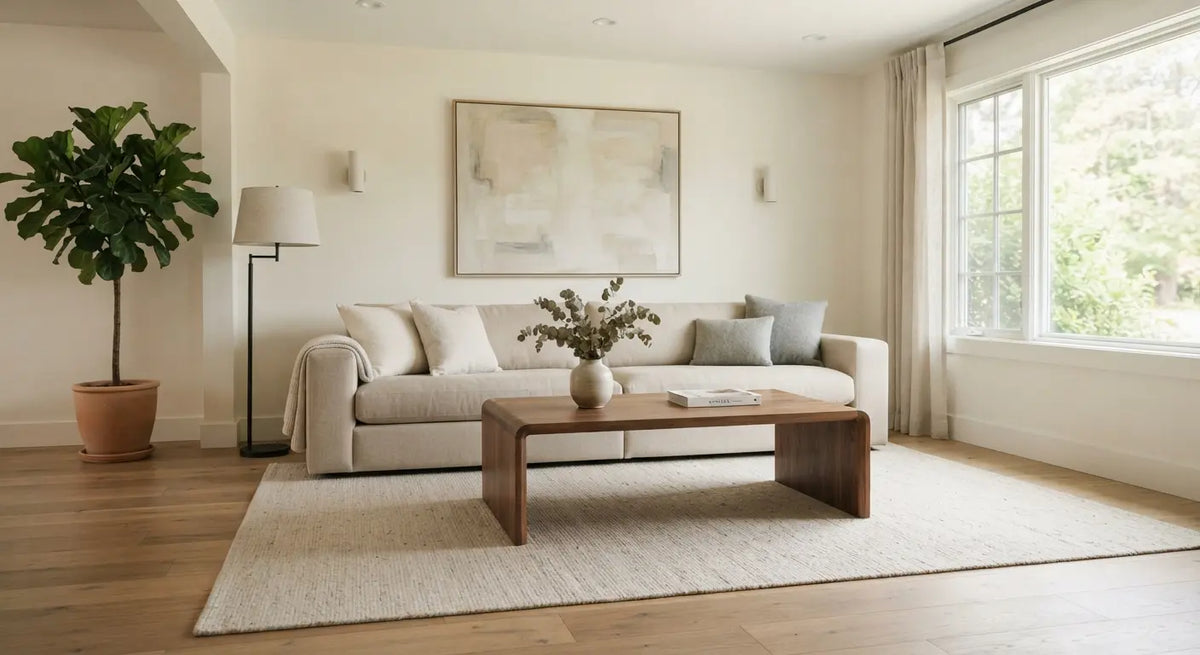 A cozy, well-lit modern living room featuring a neutral beige sofa centered on a light textured area rug over hardwood floors.