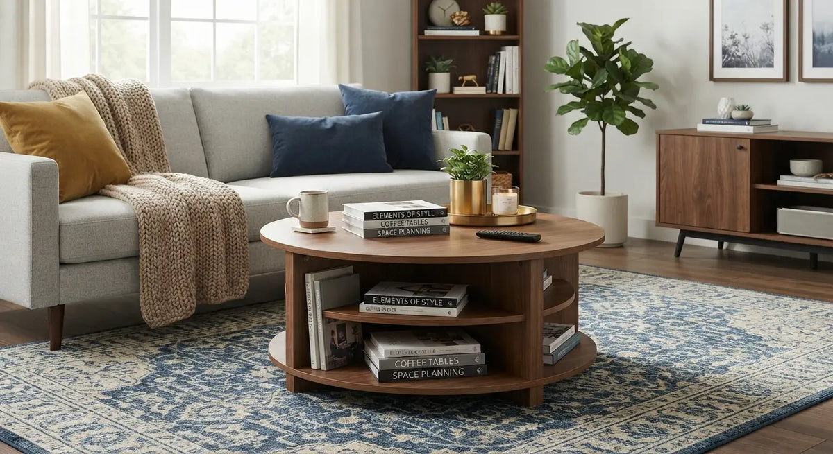 A cozy, well-lit living room featuring a round wooden coffee table styled with books, a tray, and a mug, positioned centrally in front of a light grey sofa with textured throw pillows and blankets.   