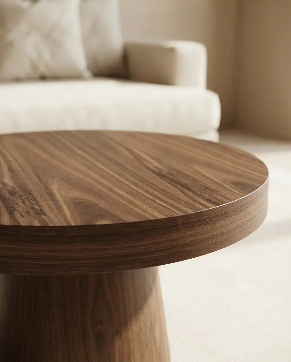 Round modern coffee table, handcrafted from solid wood