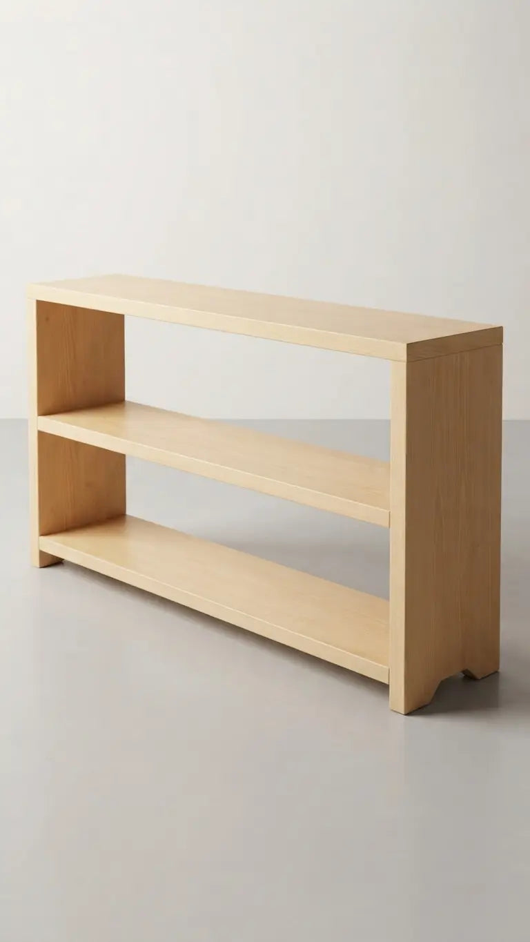 Low wooden bookcase placed in a corner