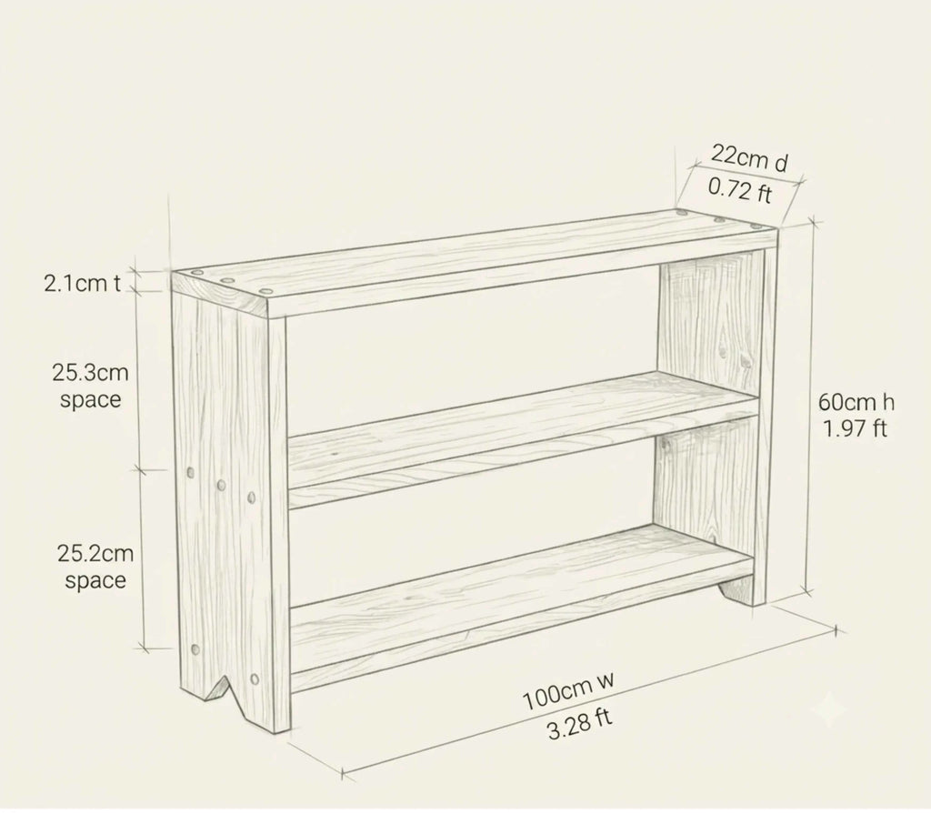 Low wooden bookcase in a small space