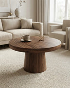 Round wood coffee table in a living room