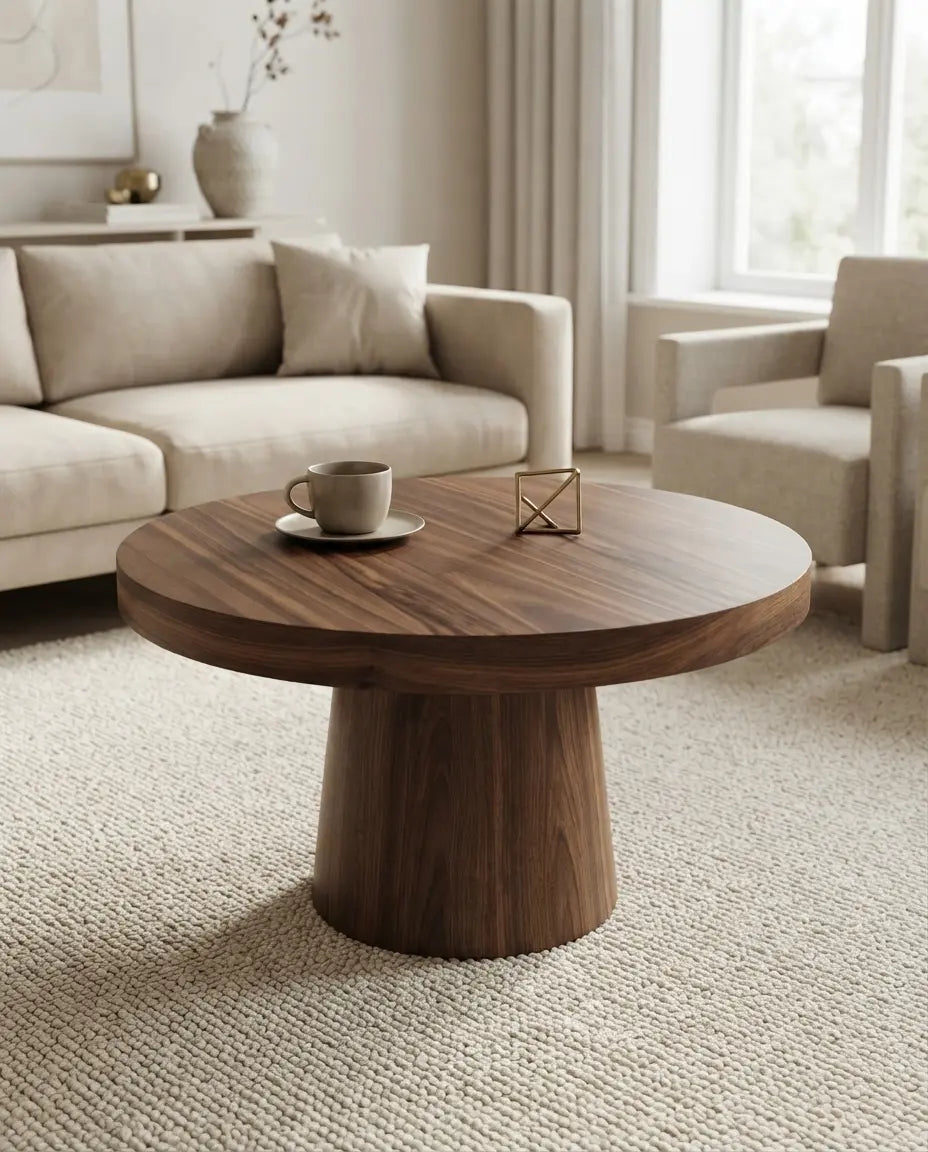 Round wood coffee table in a living room