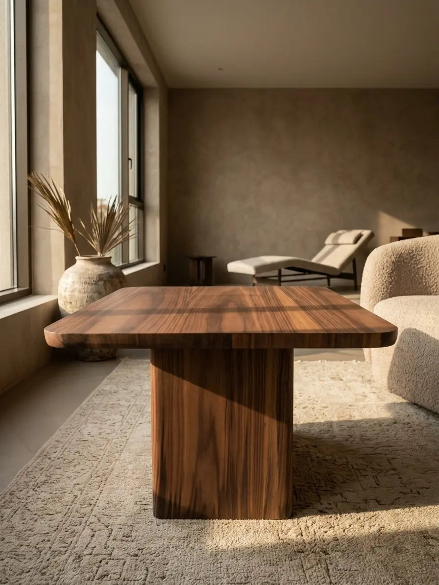Wooden coffee table styled with home decor