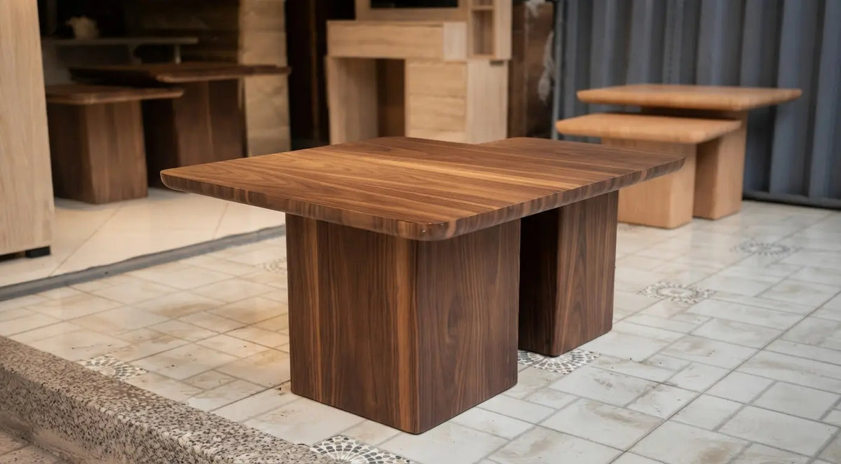 Solid wood coffee table with rounded edges and a warm walnut finish in a modern interior setting.