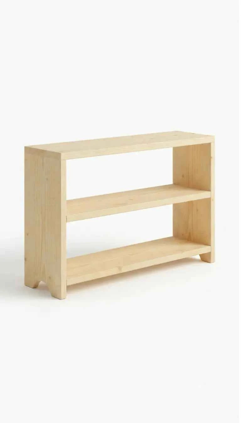 Low wooden bookcase in a narrow space
