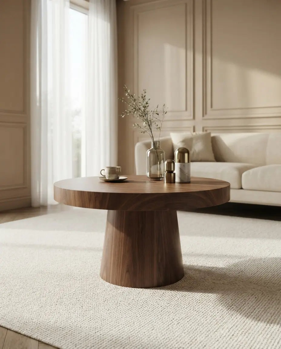 Handcrafted solid wood round pedestal coffee table with a tapered base, styled in a bright neutral living room