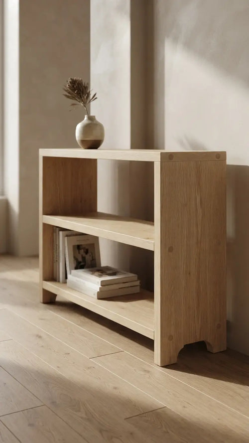 Handcrafted solid pine low bookcase with two open shelves and solid side panels, shown at an angle against a white background