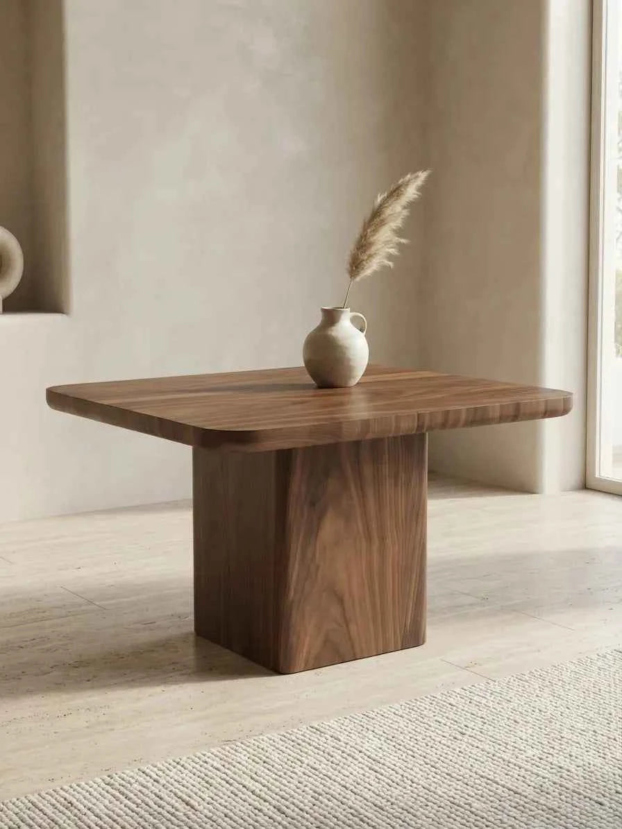 Modern wooden coffee table with rounded edges and sculptural pedestal base in a minimalist living room