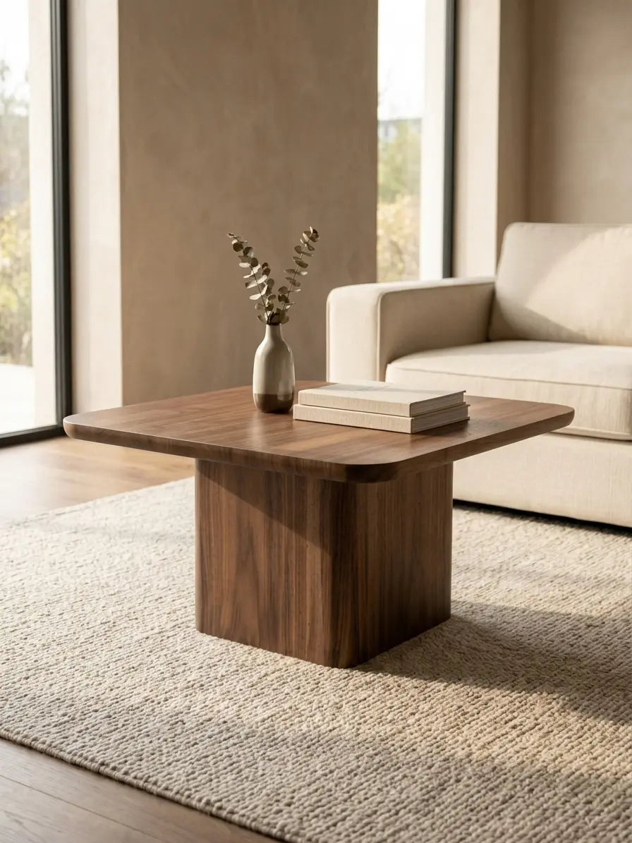 Square wooden coffee table with rounded edges