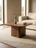 Square wooden coffee table with rounded edges